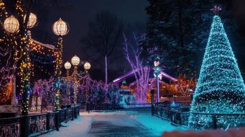 A walkway with christmas lights and trees photo