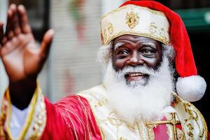 An old man wearing a santa hat and a gold robe photo