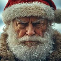 A close up of santa claus with snow on his face photo