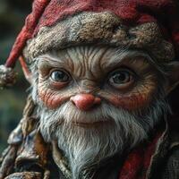 A close up of a gnome with a red hat photo