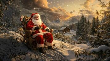 Santa claus sitting on a sled in the snow photo