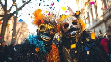 Two people wearing colorful masks and colorful confetti photo