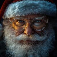 A close up of a santa claus with glasses and a beard photo