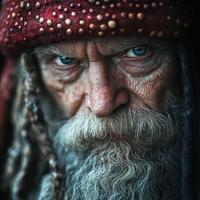 A close up of an old man with a beard and dreadlocks photo