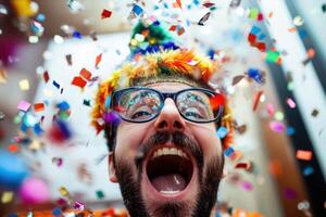 A man with glasses and a party hat is celebrating photo