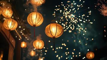 Chinese lanterns and fireworks in the sky photo