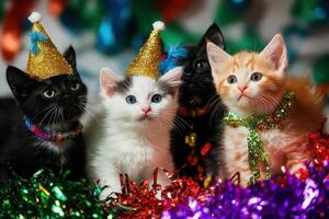 Four kittens wearing party hats photo