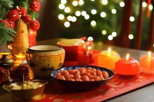 A table with a bowl of fruit, candles and a plate of food photo