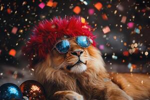 A lion wearing sunglasses and a red wig photo
