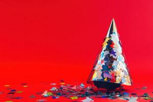 A silver christmas tree with confetti on a red background photo