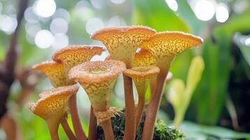 A group of orange mushrooms growing on a mossy branch photo