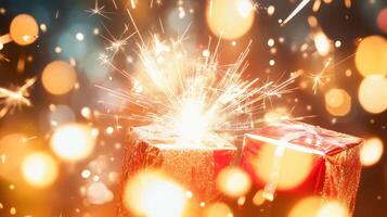 Two presents with sparklers on a blurred background photo