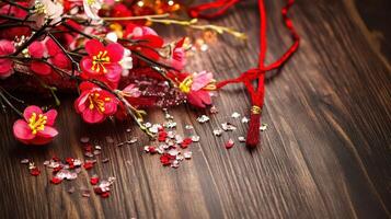 A red ribbon and some pink flowers on a wooden table photo