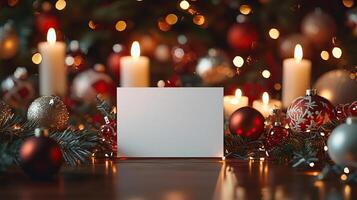 Blank Christmas dinner party card mockup, warm and festive dining setup photo