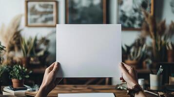 hand holding a blank sheet of paper above a desk photo