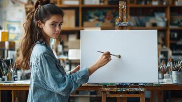painter with a thoughtful expression, making the first brushstroke on a blank canvas in a well-equipped art studio photo