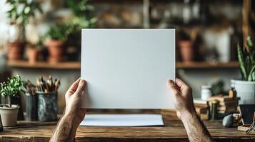 hand holding a blank sheet of paper above a desk photo