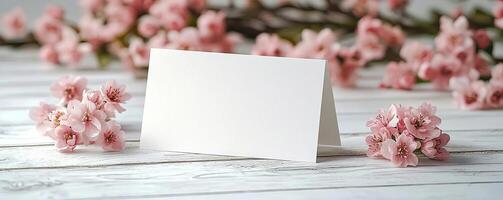 greetings card stood up on white wood table with pink flowers lying flat on table photo