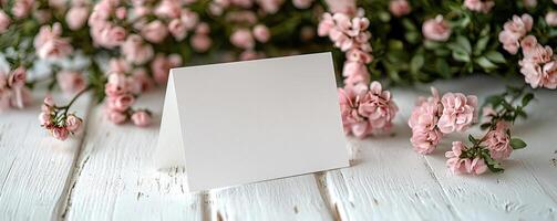 greetings card stood up on white wood table with pink flowers lying flat on table photo