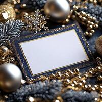 Blank Christmas card surrounded by glittery silver ribbon shimmering holiday decor photo