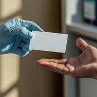 doctors hand, wearing a light blue latex glove, gently extending a crisp white business card towards a patients photo
