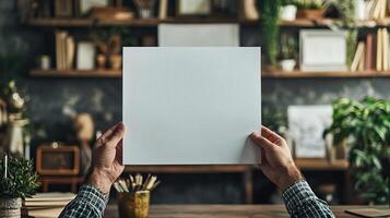 man holding a blank sheet of paper above a desk photo