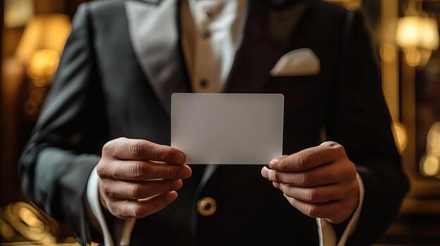 hands of a businessman holding out a blank card photo