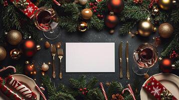 Blank Christmas dinner party card mockup, cheerful dining setup photo