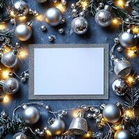 Blank Christmas card surrounded by silver glitter baubles festive and elegant photo
