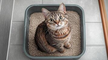 A curious cat sitting in its litter box, showcasing its adorable features and playful demeanor. photo