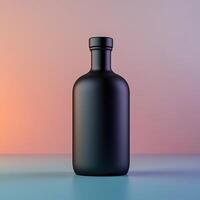 mockup Minimal Monochrome Bottle Aesthetics. A sleek, matte black bottle stands against a softly colored gradient background, showcasing its minimalist design and modern aesthetic. photo