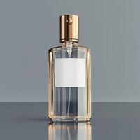 Sophisticated Spray Bottle Designs. A sleek, elegant perfume bottle with a gold cap, featuring a minimalist design and a blank label, set against a soft gray background. photo