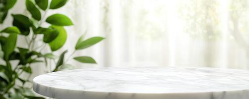 Natural Marble Surfaces with Soft Bokeh Lighting. A serene scene featuring a marble table surrounded by lush green leaves, set against a softly lit, airy backdrop. photo