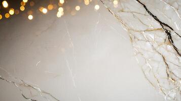 A close-up of a polished marble surface with subtle vein patterns, illuminated by warm, blurred string lights in the background. photo