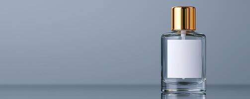 Sophisticated Spray Bottle Designs. A sleek glass perfume bottle with a gold cap sits against a minimalist background, emphasizing its elegance and simplicity. photo