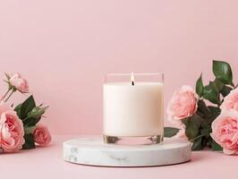 Sophisticated Valentine Marble Table with Rose Candles. A serene candle surrounded by pink roses, set on a marble base against a soft pink background, creating a calming and romantic atmosphere. photo