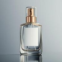 Sophisticated Spray Bottle Designs. A sleek, elegant perfume bottle with a minimalist design, featuring a gold cap and a blank label, set against a soft, reflective background. photo