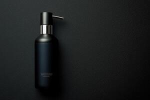 Sophisticated Spray Bottle Designs. A sleek black bottle with a pump sits on a dark surface, exuding a modern and minimalist aesthetic. photo