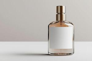 Sophisticated Spray Bottle Designs. A sleek, elegant perfume bottle with a blank label, reflecting minimalistic design against a neutral background. photo