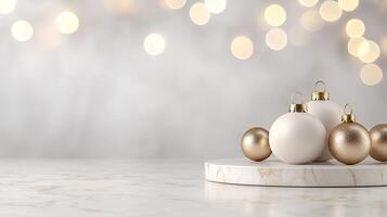Romantic Ambiance Marble Tables and Countertops with Bokeh. A festive arrangement of white and gold Christmas ornaments on a marble base, set against a softly lit, bokeh background. photo