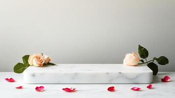 Marble Countertops Enhanced with Delicate Petals. A marble surface decorated with soft pink roses and scattered petals, creating an elegant and serene atmosphere. photo