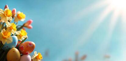 Easter eggs in a vase with the sun shining in the background photo