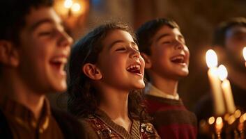 Three children are singing and laughing while holding candles photo