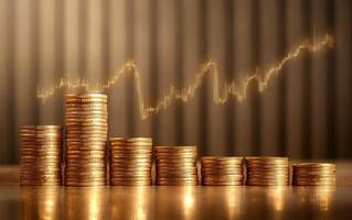 Gold coins stacked on a table with an upward graph photo