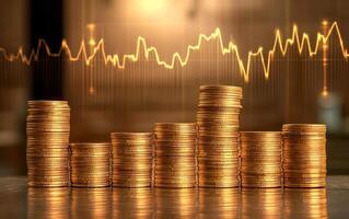 Gold coins stacked on a table with an upward line photo