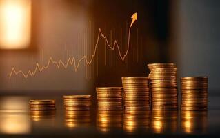 Gold coins stacked on a table with an upward graph photo
