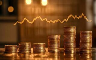 Gold coins stacked on a table with an upward graph photo