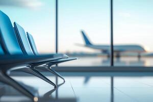 A row of chairs in front of an airport terminal photo