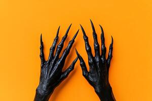 Hands of a black skeleton on orange background photo