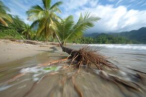 A fallen tree on a beach with water and mountains in the background photo